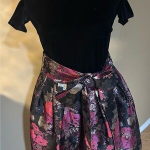Tahari Black Midi Dress with Pink Floral and Silver Accents